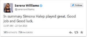 Serena Williams ii ureaza noroc Simonei intr-un mesaj pe Twitter